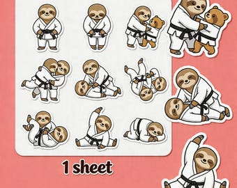 Sticker Sheet (9 pcs) Judo Sloth Stickers Cute Martial Arts Planner/Dojo Decals for Kids & Athletes, Black Belt Workout Gift