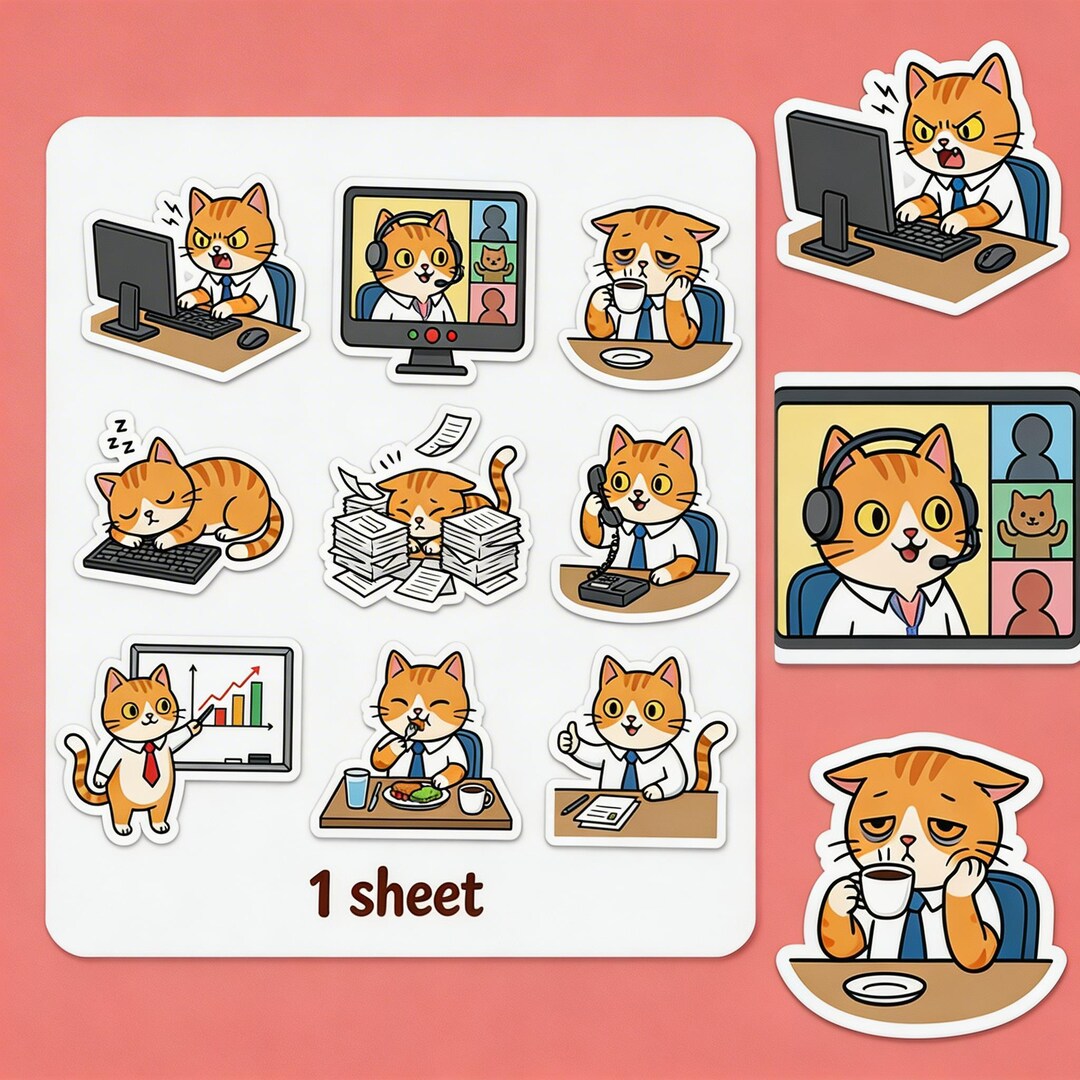 Sticker Sheet (9 Pcs) Office Cat Planner Stickers - Cute Work Cat ...