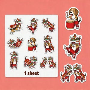 May include: A sheet of stickers featuring cartoon beagle dogs in traditional Chinese lion dance costumes. The stickers are red, gold, and white, with some dogs playing drums. The text "1 sheet" is at the bottom.