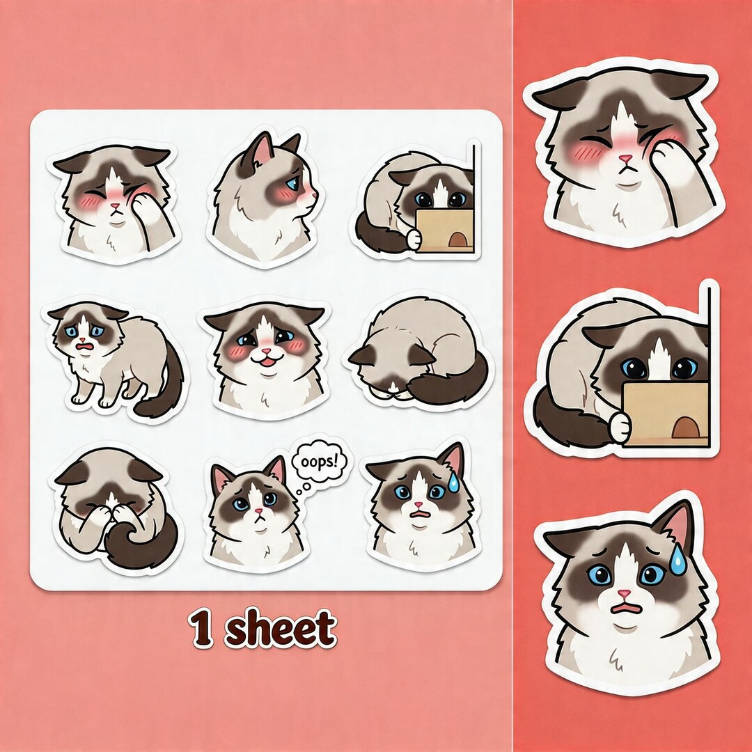 Sticker Sheet (9 Pcs) Ragdoll Cat Stickers - Embarrassed Blushing ...