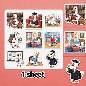 May include: A sheet of stickers featuring cartoon geese in various academic and everyday scenarios. The geese are depicted reading, working on laptops, playing soccer, and wearing graduation attire. The sheet is labeled "1 sheet".