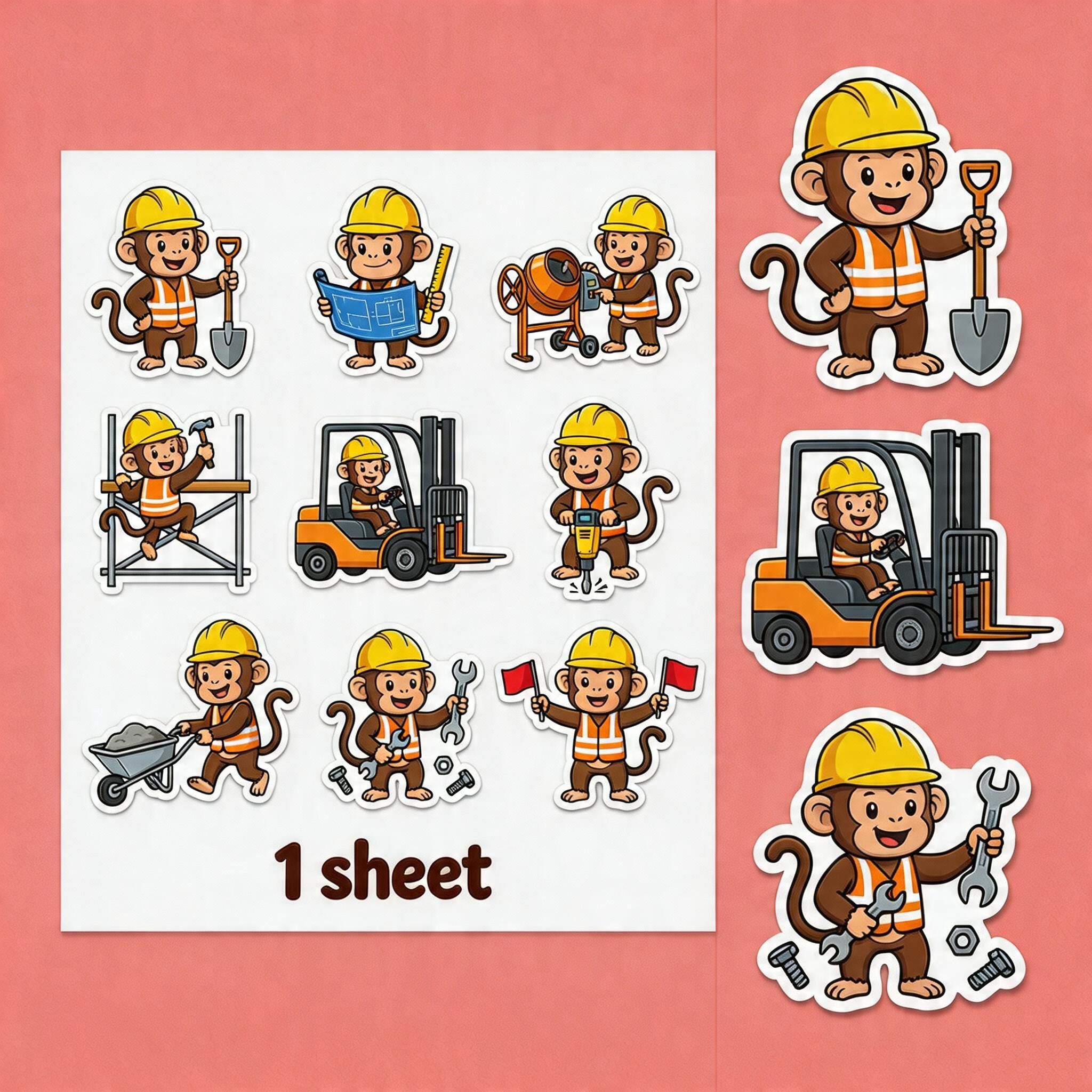 Construction Worker Sticker Sheet (9 Pcs) - Cute Monkey Cartoon Hard ...