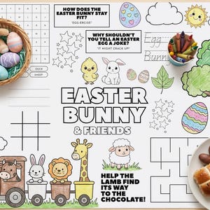 Easter Activity Placemat Printable, Easter Kids Coloring Page, Classroom Coloring Pages, Easter Games Placemat, Kids Table Activity PDF