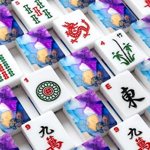 Ink Splash Mahjong Set, Purple Blue Gold Acrylic Tiles, American Mah Jongg Game image 1