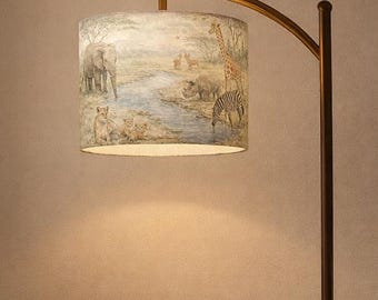 Safari Nursery Arc Floor Lamp, Watercolor Animals, Pastel Kids Room Lighting