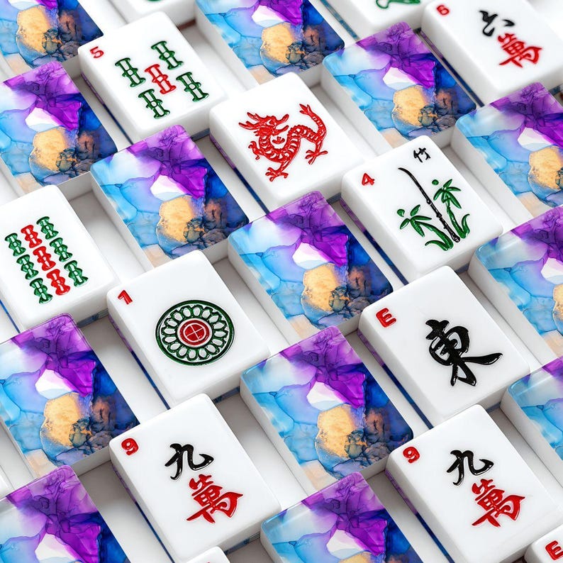 Ink Splash Mahjong Set, Purple Blue Gold Acrylic Tiles, American Mah Jongg Game image 1