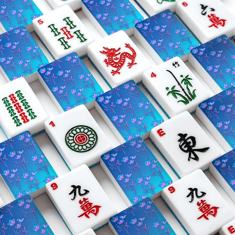 Neon Floral Mahjong Tiles | Blue Gradient American Mah Jongg | 166 Tile Set image 1