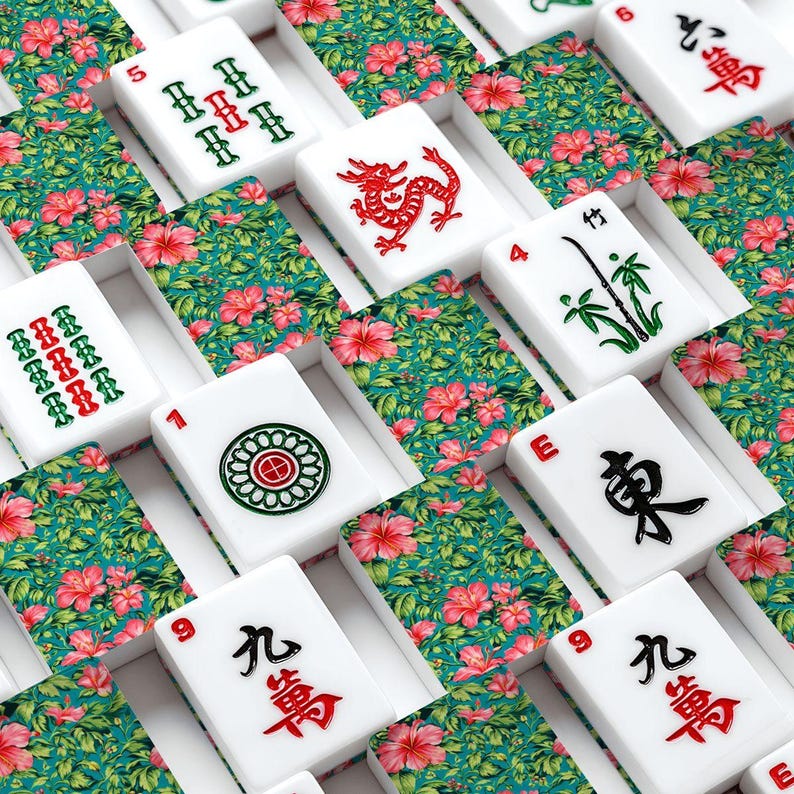 Hawaiian Mahjong Set, Tropical Flower Acrylic Tiles, Coastal Game Mah Jongg Set image 1