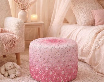 Cherry Blossom Pouf Ottoman, Pink Gradient Floor Cushion, Round Boho Footstool, Feminine Accent Seat