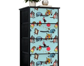 Cómoda vintage con forma de oso para habitación de bebé, color azul, con 4 cajones estrechos