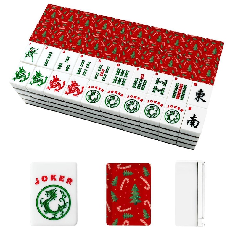 Christmas Mahjong Tile Set, Red Holiday American Mah Jongg, Candy Cane Xmas Tree Game image 2