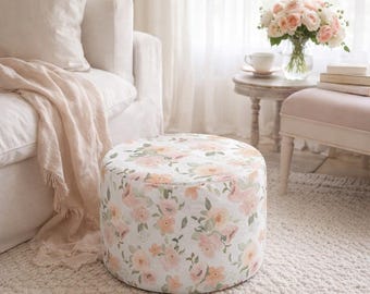 Rose Pouf Ottoman, Watercolor Floral Floor Cushion, Round Boho Footrest, Romantic Living Room Accent