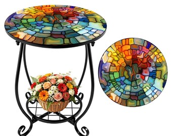 Rainbow Stained Glass Round Side Table, Artistic Patio Accent, Iron Garden Decor