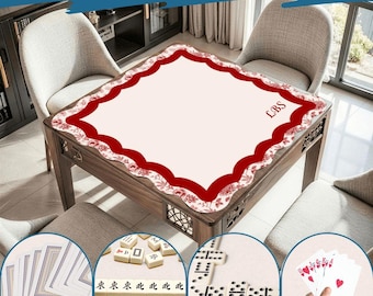 Personalized Chinoiserie Mahjong Mat, Custom Monogram Red Gaming Mat, Scalloped Edge