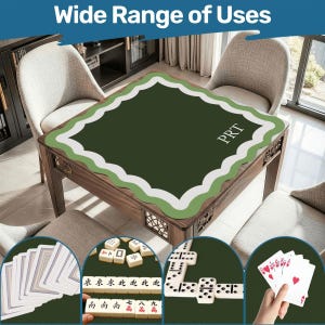 May include: A wooden game table with a green surface and a scalloped edge. The table is surrounded by chairs. The image also shows playing cards, dominoes, and mahjong tiles, with the text "Wide Range of Uses".