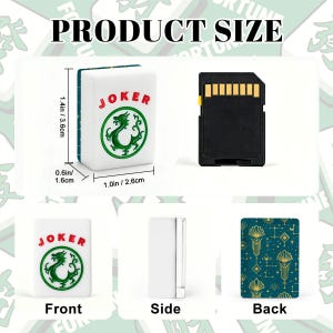 May include: A white Mahjong tile with the word "JOKER" in red and a green dragon design. The tile is 1.4 inches (3.6 cm) tall, 1.0 inches (2.6 cm) wide, and 0.6 inches (1.6 cm) thick. Also shown is an SD card and a decorative card.