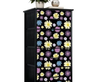 Cómoda estrecha con 4 cajones y diseño floral negro para dormitorio