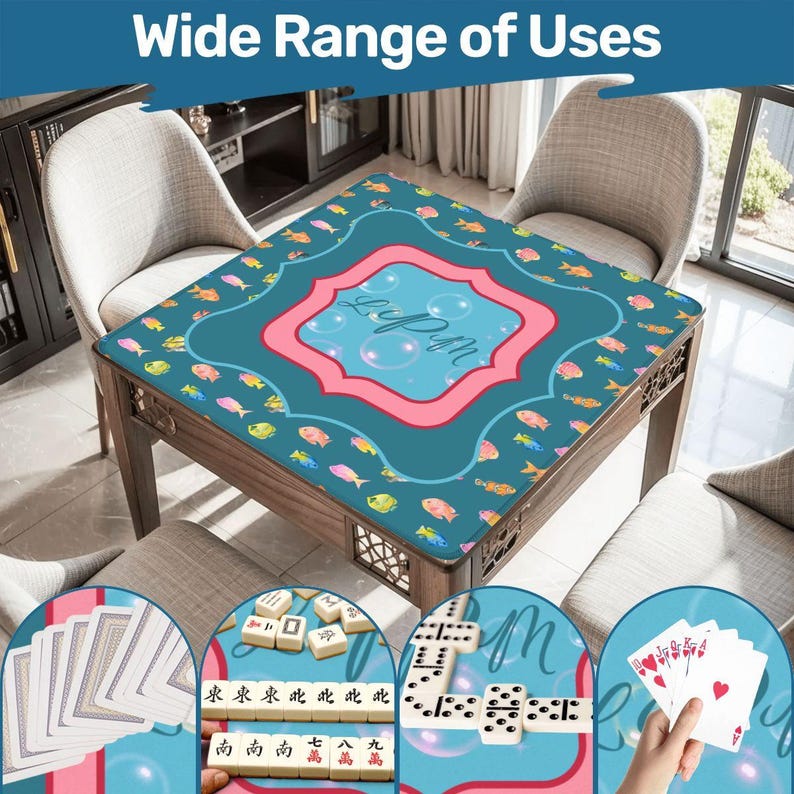 Monogrammed Fish Mahjong Mat | Teal Aqua Coastal Game Table Cover | Mah Jongg Accessories image 1