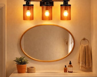 Terracotta Glass Vanity Light Fixture | 3-Light Wood Bathroom Lighting, Boho Earthy Style
