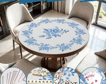 Round Chinoiserie Mahjong Mat | Blue White Floral Gaming Mat | Mah Jongg Gift