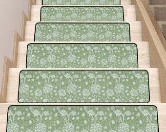 William Morris Sage Green Floral Stair Treads, Botanical Non Slip Carpet Mat Step Covers