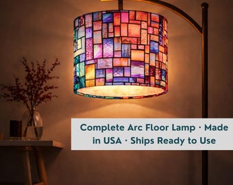 Mosaic Arc Floor Lamp | Pink Coral Teal Stained Glass Style Dimmable Light