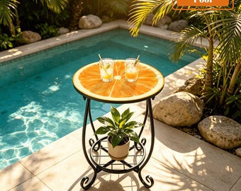 Orange Fruit Outdoor Side Table, Citrus Patio Accent Table, Pool Summer Decor