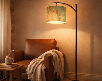 Patina Copper Arc Floor Lamp, Smart LED, Industrial Modern Statement Lighting