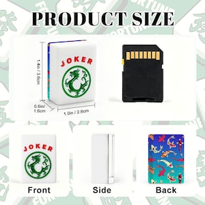 May include: A white Mahjong tile with the word "JOKER" in red and a green dragon design. The tile measures 1.4 inches (3.6 cm) high, 1.0 inches (2.6 cm) wide, and 0.6 inches (1.6 cm) thick. The back of the tile features a koi fish design.