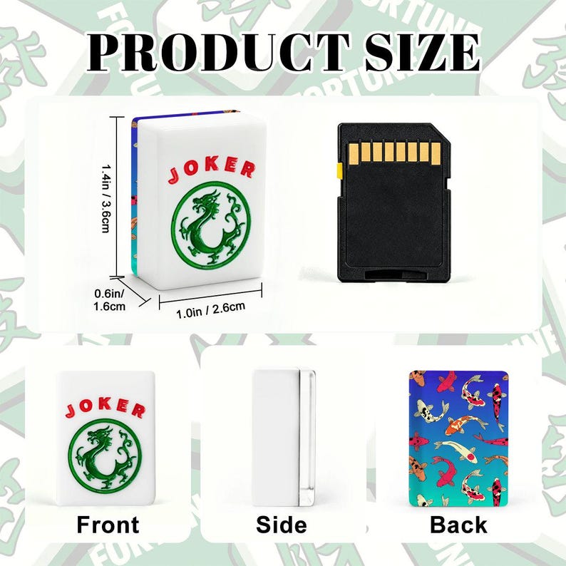 May include: A white Mahjong tile with the word "JOKER" in red and a green dragon design. The tile measures 1.4 inches (3.6 cm) high, 1.0 inches (2.6 cm) wide, and 0.6 inches (1.6 cm) thick. The back of the tile features a koi fish design.