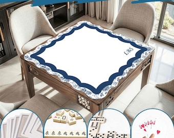 Personalized Chinoiserie Mahjong Mat, Custom Monogram Blue Gaming Mat, Scalloped Edge Non-Slip
