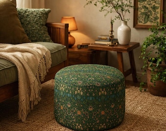 William Morris Botanical Floral Pouf Ottoman, Green Boho Round Floor Cushion Seat, Foot Rest