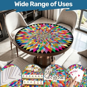 May include: A round table featuring a vibrant, multi-colored geometric diamond pattern across its surface. The design includes a kaleidoscope of red, blue, green, yellow, and purple shapes. Insets show the table used for card and tile games.