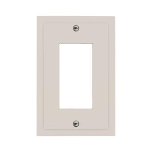 May include: A rectangular, off-white single-gang wall plate with a single rectangular opening. Two black screws secure the plate. The plate has a raised, beveled edge around the opening and a slightly raised border.