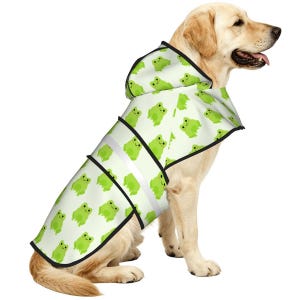 May include: A golden Labrador Retriever wearing a light green dog raincoat with a repeating pattern of smiling green frogs. The raincoat has a hood and reflective stripes for visibility.