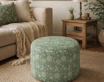 William Morris Pouf Ottoman, Sage Green Floral Floor Cushion, Round Botanical Accent Seat