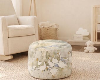 Puf otomano con estampado de patos en acuarela, cojín redondo para el suelo de la habitación infantil, asiento para niños, reposapiés.