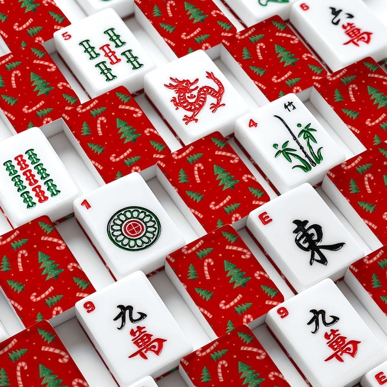 Christmas Mahjong Tile Set, Red Holiday American Mah Jongg, Candy Cane Xmas Tree Game image 1
