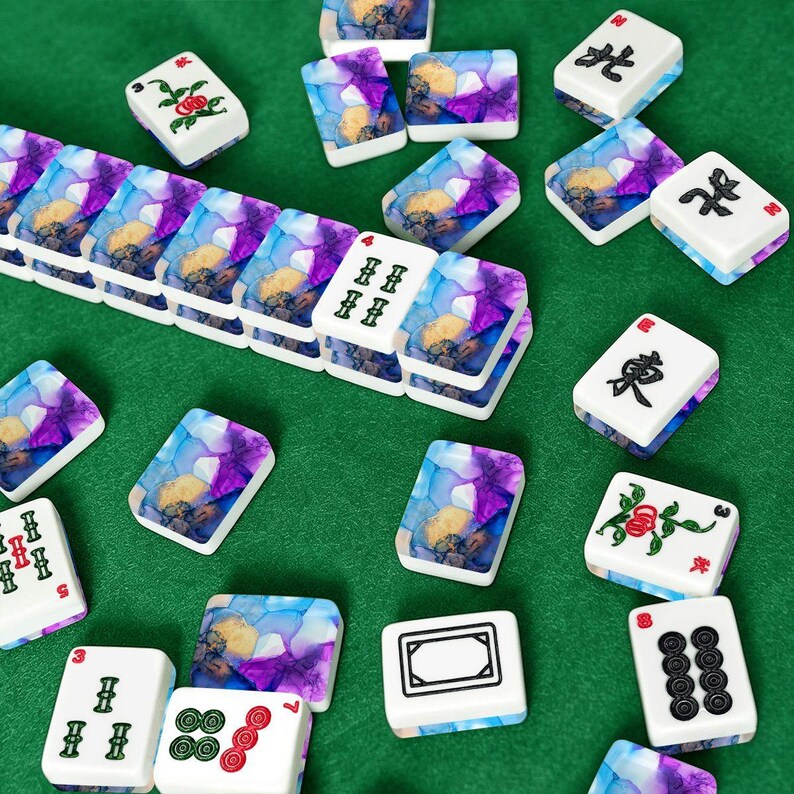 Ink Splash Mahjong Set, Purple Blue Gold Acrylic Tiles, American Mah Jongg Game image 7