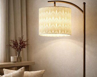 Art Deco Arc Floor Lamp, Cream Geometric Shade, Brass Standing Lamp, Warm Elegant Decor