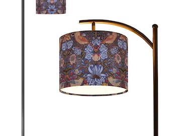 William Morris Arc Floor Lamp, Purple Bird Shade, Brass Statement Lamp, Vintage Botanical Decor