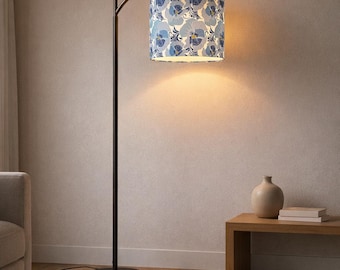 Blue Floral Arc Floor Lamp, Chinoiserie Style Shade, Smart LED Lighting