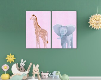 Safari Nursery Decor Canvas Set – Elephant and Giraffe Kids Bedroom Gallery Wall