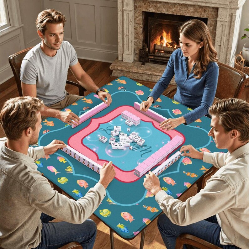 Monogrammed Fish Mahjong Mat | Teal Aqua Coastal Game Table Cover | Mah Jongg Accessories image 6