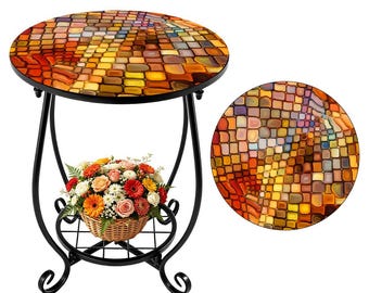Stained Glass Print Outdoor Side Table, Round Patio Accent, Artistic Garden Decor