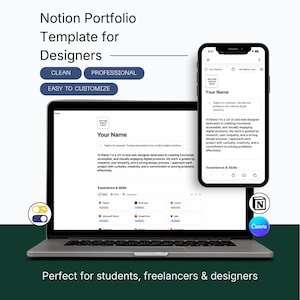 May include: A laptop and smartphone display a Notion portfolio template for designers. The template is described as clean, professional, and easy to customize. The laptop screen shows a portfolio layout with sections for name, tagline, and experience.