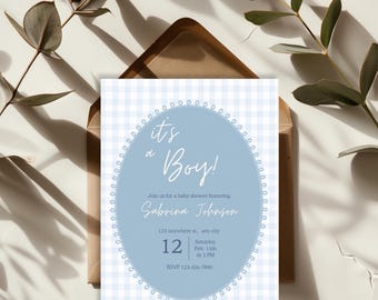 Es ist eine Babypartyeinladungsvorlage für Jungen - Blaue Babypartyeinladung - Bearbeitbare Babypartyeinladung - Druckbar und digital