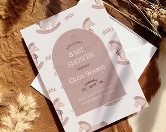 Neutrale Schaukelpferd-Babyparty-Einladungsvorlage - Bearbeitbare Cowboy-Babyparty-Einladung - Geschlechtsneutrale Babyparty