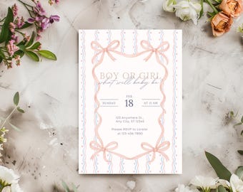 Junge oder Mädchen Geschlecht offenbaren Einladung Vorlage | Was wird Baby sein? Neutral Gender Reveal Einladung | Bearbeitbare Canva Vorlage