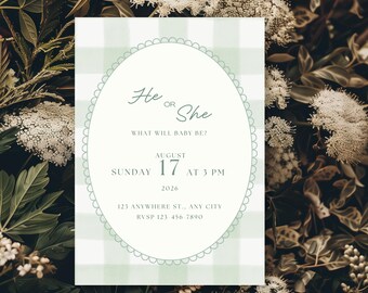 Grün Gingham Gender Reveal Einladungsvorlage - Printable & Digital